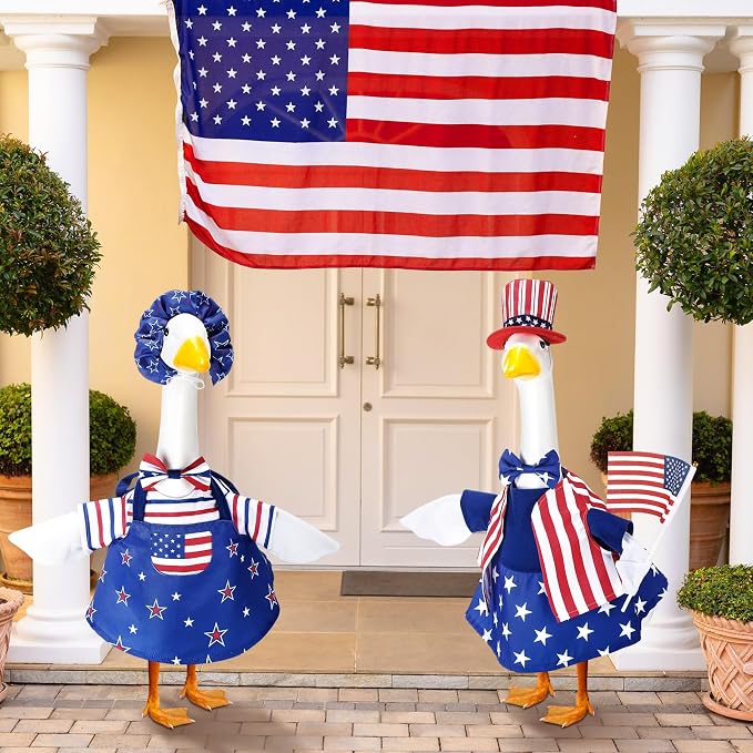 Abbylike 2 Set American 4th of July Porch Goose Outfits 250th Anniversary Goose Costume Clothes Fits Large 23'' Statues Cement for Independence Memorial Day Patriotic Lawn Yard Garden Decor
