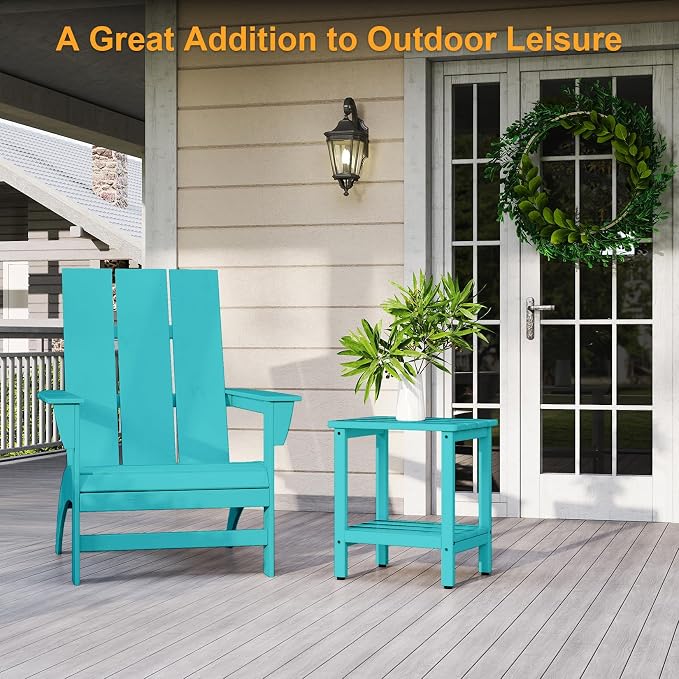 Outdoor Side Table, Small Square Patio Side Table with Adjustable Feet, All-Weather HDPE Adirondack End Tables for Porch Deck Balcony Pool, 2-Tier Storage, Easy Maintenance, Aruba Blue