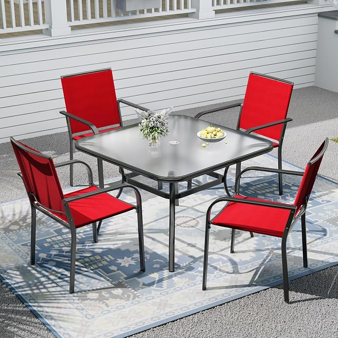 Outdoor Patio Set, 37" Square Glass Dining Table and 4pcs Stackable Chairs, All-Weather Patio Furniture Set with 1.7" Umbrella Hole for Garden Backyard Lawn Poolside