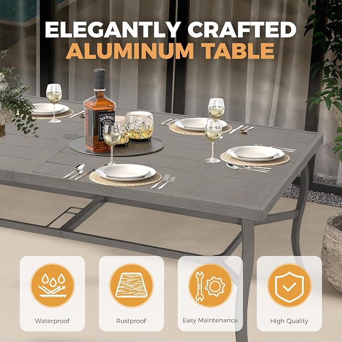 HAPPATIO Outdoor Dining Table for 8, Aluminum Rectangle Outdoor Dining Table with Umbrella Hole, All-Weather Aluminum Patio Dining Table for Garden Yard Poolside, Only Table, Grey