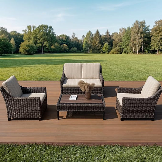 Wicker Patio Conversation Set, Outdoor Patio Chair Set with Deep Seating, Wide Armrests & Thick Cushions, All-Weather Outdoor Furniture Set for Patio, Porch, Deck & Backyard