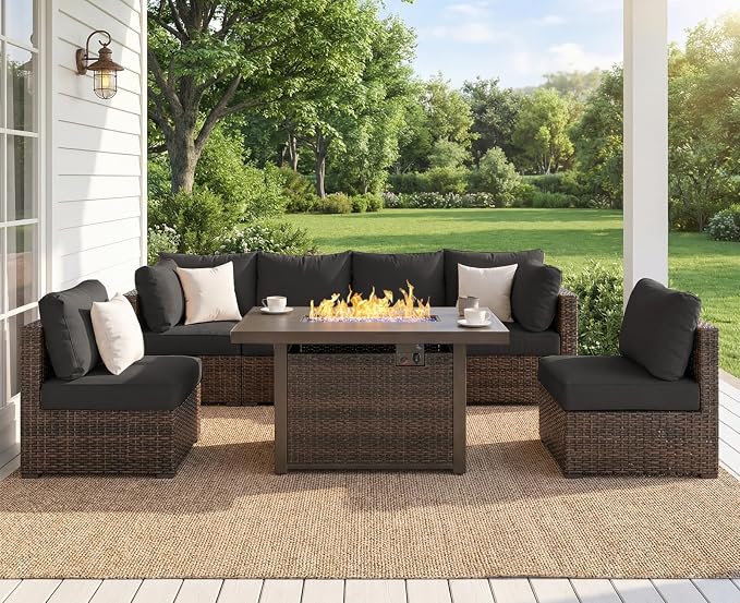 7 Piece Outdoor Patio Furniture Set with 42" Fire Pit, Wicker Furniture Sectional Conversation Sofa Set with Comfortable Cushions, Black