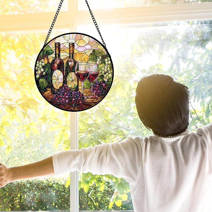 DASTOLL Stained Glass Window Hanging, Grapes and Wine Suncatcher Diamond Glass Panel Hangings Sun Catchers Decor for Birthday for Women, Men, Wife, Aunt, and Mom 6.3 in