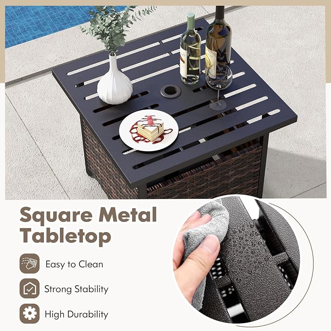 Tangkula Outdoor Table with Umbrella Hole, Rattan Umbrella Stand Table, Wicker Outside Side Table with Steel Metal Frame, Patio Bistro Table for Deck Garden Pool Yard, 22 x 22 x 18.5 Inch (Mix Brown)