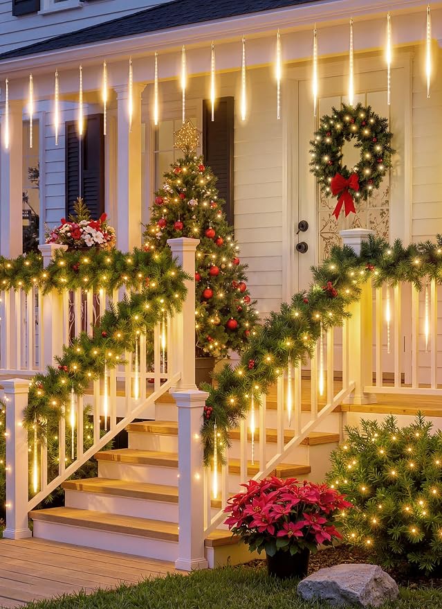 Brightown Meteor Shower Lights Outdoor, 16Inch 20 Tube 720 LED Icicle Light | Waterproof Meteor Christmas Light Outdoor, Hanging Falling Rain Light for Tree Bushes Holiday Party Yard Decor, Warm White