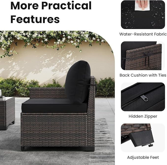 7-Piece Outdoor Sectional Black Wicker Rattan Conversation Set Patio Furniture Set with 44" Fire Pit Table for Garden Porch Backyard