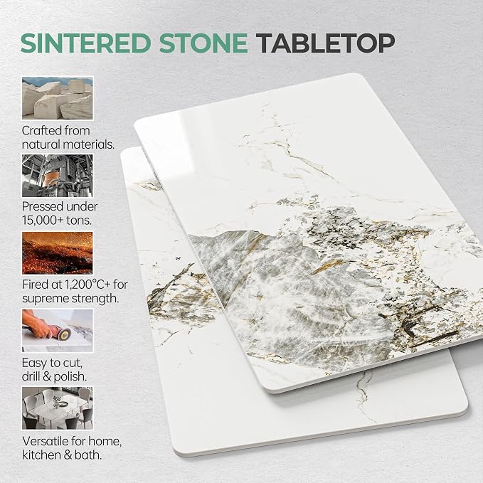 Rectangle Table Top,35.4 ” x 23.6 ” Ivory White Sintered Stone Tabletop, DIY Replacement & Cover Marble Desktop, Scratch & Wear Resistant, Easy to Clean, Suitable for Indoor & Outdoor