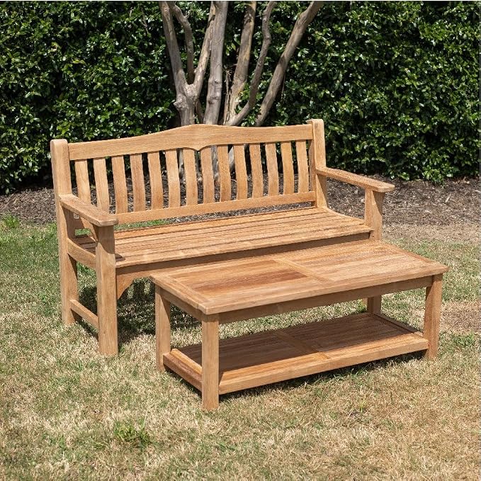 TITAN GREAT OUTDOORS Ash & Ember Sierra Grade A Teak 47" Coffee Table with Shelf, Weather Resistant Tea Table for Deck, Porch, or Backyard Use, Slatted Indoor Outdoor Patio Lounge Furniture