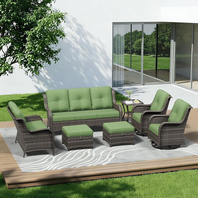 7 Piece Outdoor Wicker Patio Furniture Set, Outdoor Swivel Rocker Patio Chairs Set with Thickened Olefin Cushions, High Back and Deep Seating, Hand-Woven PE Rattan for Porch, Deck