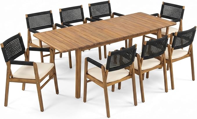 Christopher Knight Home Sky Acacia Wood Dining Table Set for 8, 9 Piece Patio Extendable Dining Table and Dining Chairs Set of 8 with Cushions & Rope Accents, Patio Furniture Set, Teak+Beige+Black