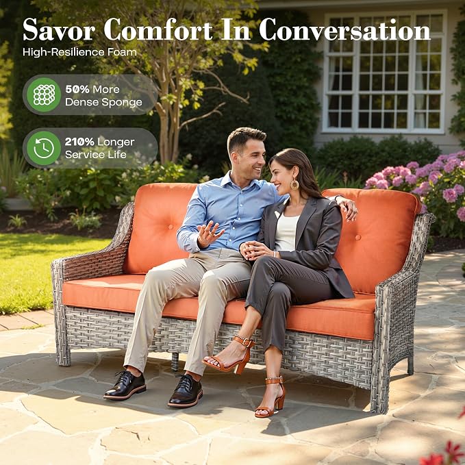 ovios 6 Piece Outdoor Patio Furniture with 3 Seat Sofa,Rattan Wicker Coversation Set with High Back,Sectional Single Sofa with Ottoman for Outside Porch Balcony Backyard Pool, Orange