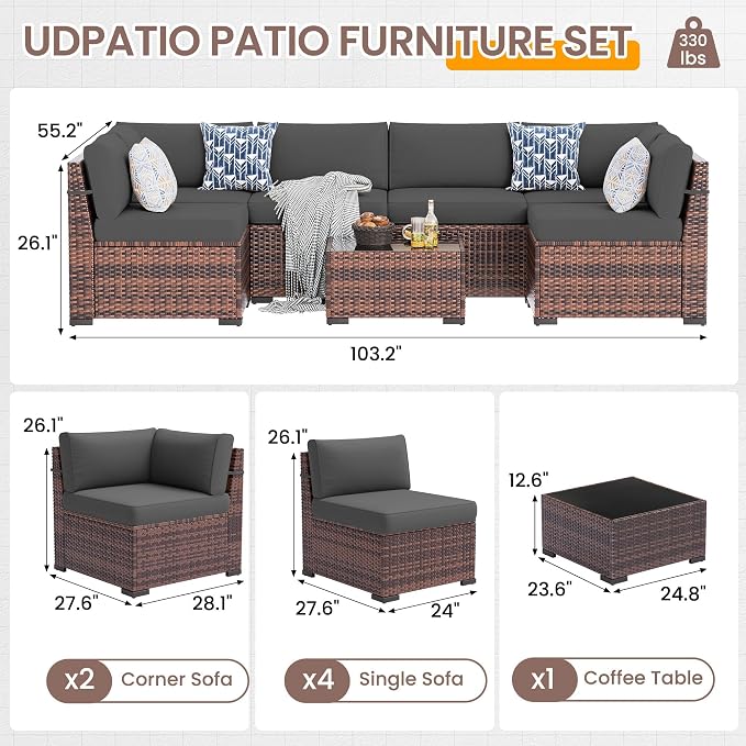 UDPATIO Patio Furniture Set, 7 Pieces Outdoor Sectional Sofa with 105°Slanted Back, Modular Rattan Conversation Set for Poolside, Backyard, Deck, with Coffee Table, Grey