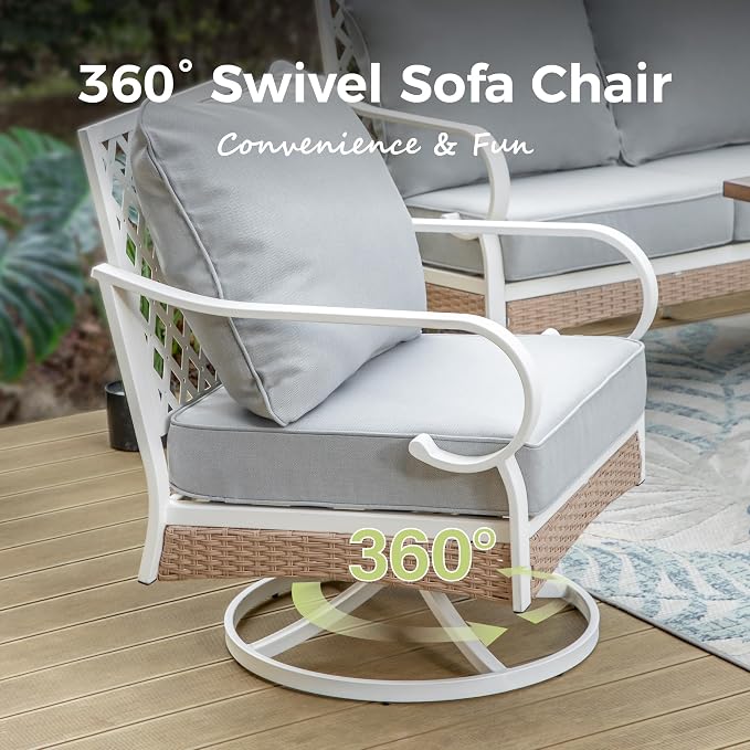 MIXPATIO 5 Piece Patio Furniture Set, 2 x Swivel Chair, 1 x 2-Seat Sofa, 1 x 3-Seat Sofa with Marbling Coffee Table, 7 Seats Outdoor Conversation Set for Lawn Garden Backyard, Light Gray