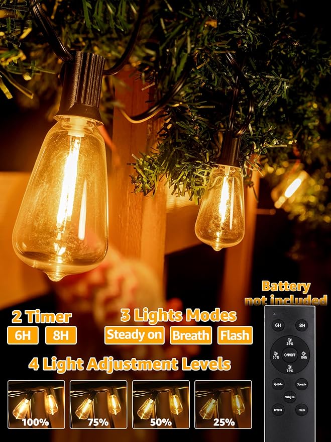 Outdoor String Lights Dimmable with Remote, 50 FT Outdoor Lights with 2 Timer and 3 Modes, Waterproof & Shatterproof Patio Lights, 2200K Energy Saving LED String Lights 2 Spare Bulbs for Patio Yard