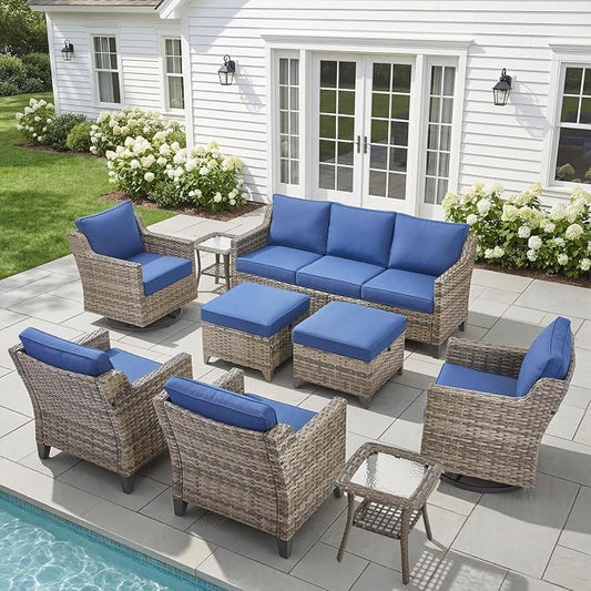Belord Patio Wicker Swivel Rocker Patio Chairs with 3-Seater Sofa, Outdoor Rattan Chairs for Deck Porch Poolside, 9 Piece Patio Conversation Furniture Set,Blue