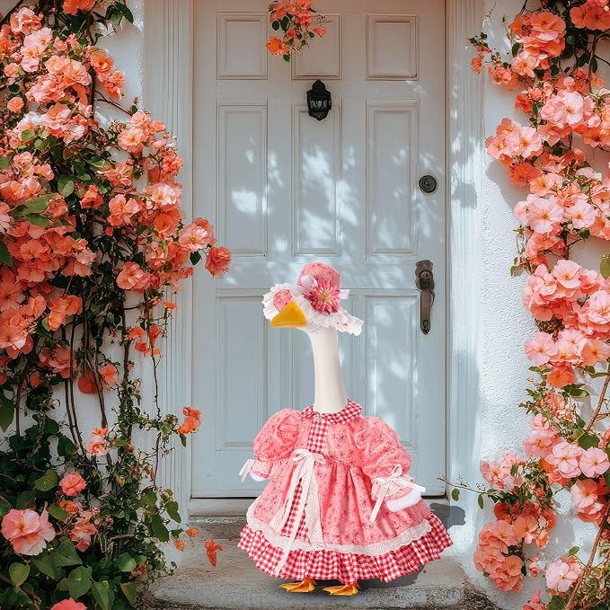 Spring Flower Goose Outfit Daisy Rose Floral Dress for 23'' Cement Plastic Goose Statue for Valentines Day Summer Outdoor Garden Yard Patio Lawn Decor(Pink Rose)