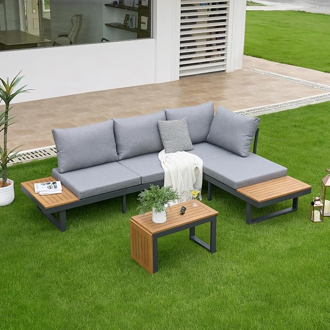 homary 4-Seater Outdoor Conversation Set for Gardens, Decks, and Backyards | Weather-Resistant Patio Sectional Furniture with Cushions and Built-In Side Tables for Gardens, Decks, and Backyards