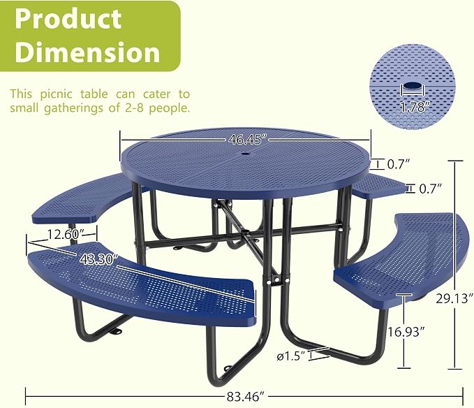 46-inch Heavy-Duty Outdoor Steel Round Picnic Table, Portable Commercial-Grade Picnic Table with Parasol Hole, Sturdy and Durable, Ideal for Garden and Patio Barbecues (Blue - Round)