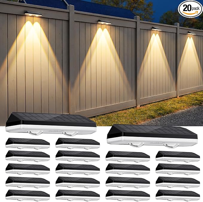20 Pack Solar Fence Lights Outdoor ,Warm White + RGB 13 Color Mode Fence Lights Solar Powered with Ultra-Bright Lens IP65 Waterproof,Solar Wall Light for Backyard/Step/Patio/Deck/Stair/Railings/Fence