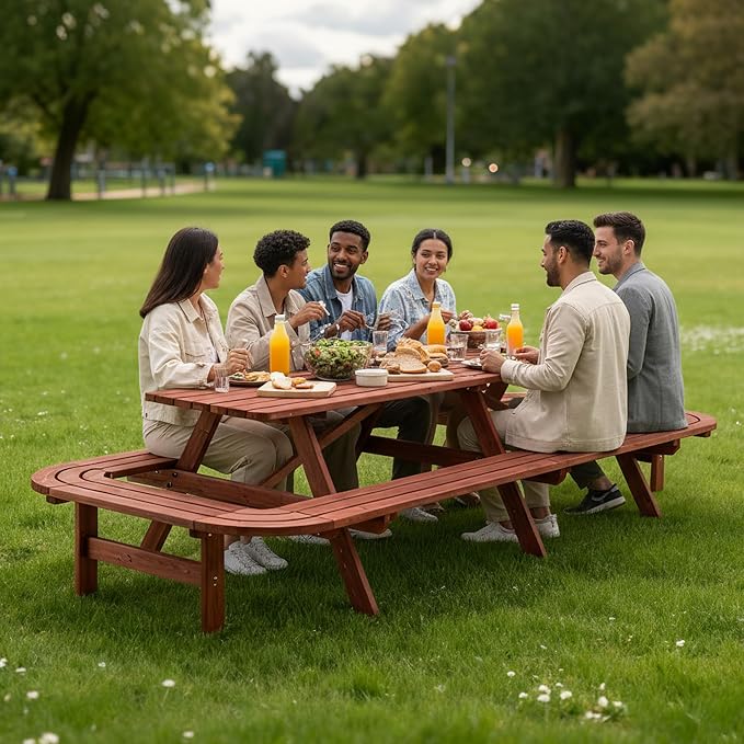 95" Picnic Table with Benches for 14-16 Persons, Outdoor Wooden Rectangle Dining Set for Patio, Garden, Backyard, Large Outside Table with Umbrella Hole, Brown
