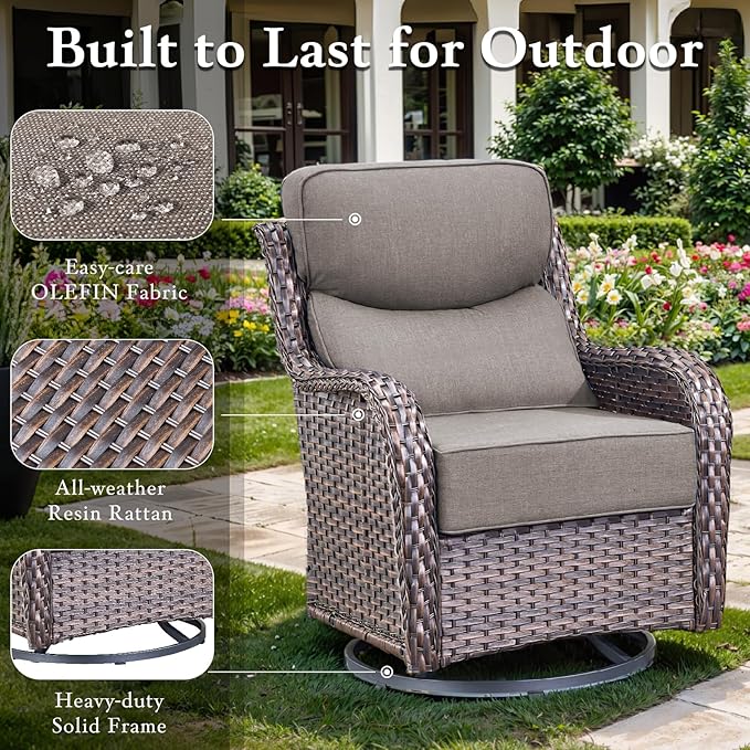 Luxury High Back Outdoor Furniture with 6-inch Extra Thick Cushions, Patio Furniture Set with Fire Pit Table & Swivel Chairs, 4 PCS Wicker Conversation Set for Yard, Deck, Poolside, Brown/Grey