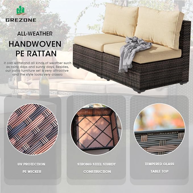Outdoor Sectional Furniture, 5 Piece Patio Furniture Set with 42-inch Fire Wicker Propane Fire Pit Table - All Weather Wicker Rattan Sofa Conversation Set for Backyard Lawn Poolside Deck, Beige