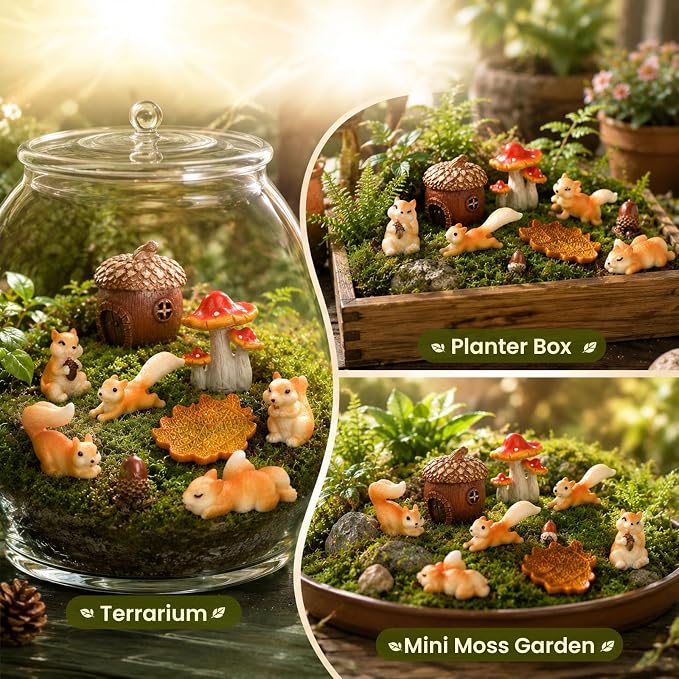 Fairy Garden Accessories, 9 Pieces Squirrel Resin Figures with Pinecone House Mushroom Leaf, Handmade Miniature Decor, Garden Miniatures Decors for Outdoor Home, Perfect DIY Gift