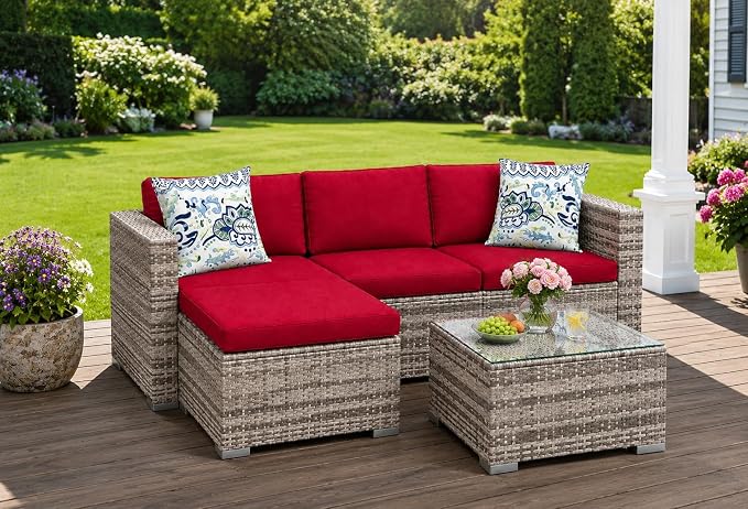 GAOMON 5 Piece Outdoor Patio Furniture Set, All-Weather PE Wicker Sectional Couch Set with Cushions and Ottomans, Outdoor Patio Conversation Set with Glass Table for Backyard, Porch, Balcony