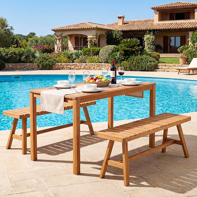 HAPPYGRILL Acacia Wood Patio Dining Table for 4-6, Outdoor Table with Slatted Tabletop, Rectangular Outside Table for Garden Balcony Deck