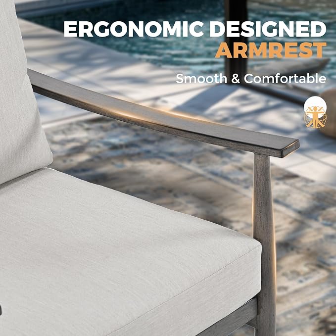 HAPPATIO Patio Outdoor Furniture Set - 4 Piece Aluminum Patio Conversation Set with 1 Coffee Table, 2 Armchairs and 1 Three-Seater Sofa, Aluminum Outdoor Furniture Set for Backyard Poolside (Grey)