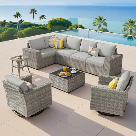 9-Piece Patio Furniture Set, Outdoor Wicker Furniture Sectional Set with Coffee Table, High Back Swivel Rocker Patio Chair, Modern Rattan Outdoor Conversation Set for Porch, Balcony, Garden, Dark Gray