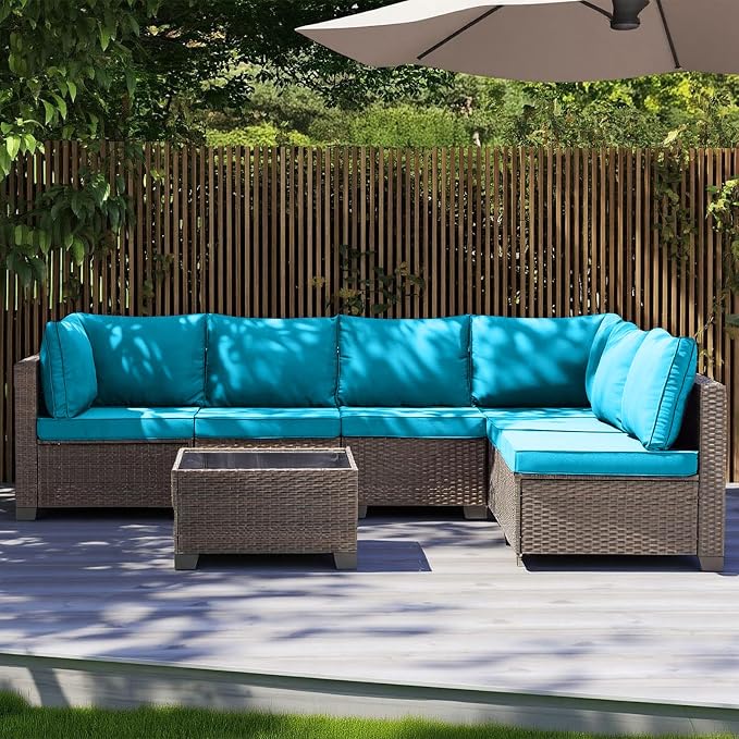MOCHITO 7 Pcs Outdoor Patio Furniture Sets Brown Rattan Turk Blue Cushions | All-Weather Sectional Sofa, with Glass Table, PE Rattan Wicker Patio Furniture , Washable Cushions, for Balcony Porch Garden