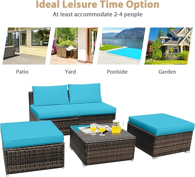 DORTALA Wicker Patio Furniture Set 5 Piece, Outdoor Conversation Sets with Chairs, Ottomans, Tempered Glass Table, Cushions, All Weather Rattan Sofa Couch for Balcony, Porch, Backyard, Deck, Turquoise