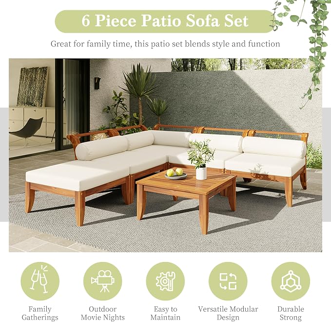 RuiSiSi 6 Piece Patio Sofa Set, Acacia Wood Outdoor Modular Sectional Garden Furniture Set, L-Shaped Conversation Set with Tea Table, Ottoman, 5 Cushions and Pillows, Teak+Beige