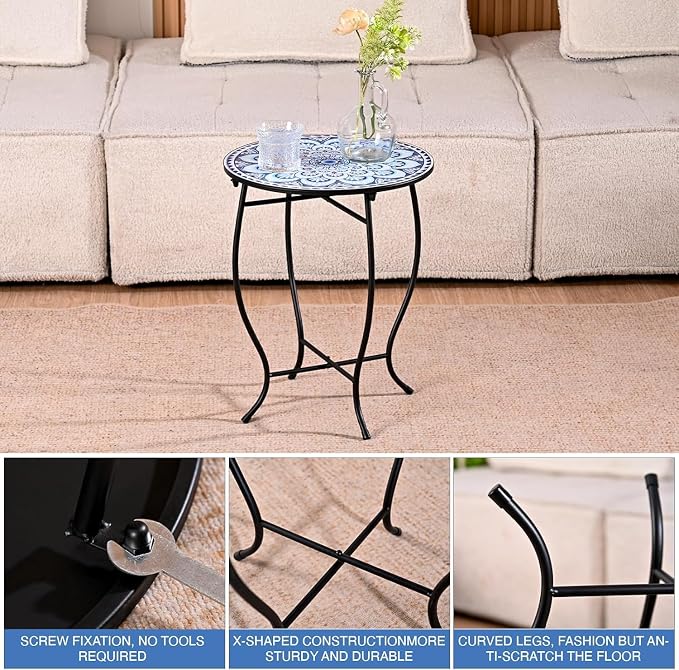 Round Side Table, Patio Accent Weather Resistant Metal Side Table for Livingroom Patio Balcony Yard Porch Garden, Indoor Outdoor Small Plant Stand