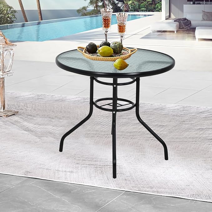 Round Patio Table with Umbrella Hole, Patio Dining Table Glass Patio Table, Glass Metal Table Dining Furniture for Lawn Balcony, Yard(Round)