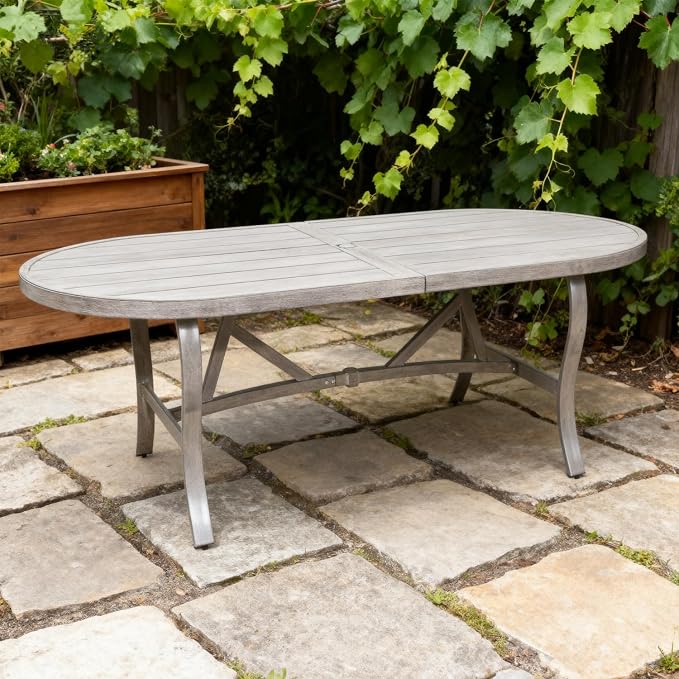 Ulax furniture Oval Outdoor Patio Dining Table - Weather-Resistant Steel Frame & Wood-GrainTabletop with Umbrella Hole - for Garden, Backyard, Patio Use (Table x 1)
