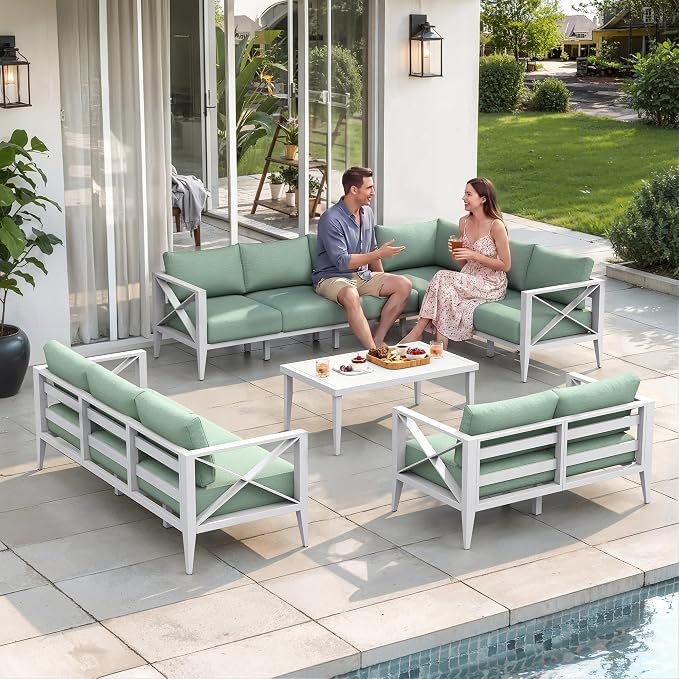 Large Patio Furniture Set Outdoor Sectional Sofa Conversation Set with Cushions, Aluminum Outdoor Furniture for Backyard Deck Garden