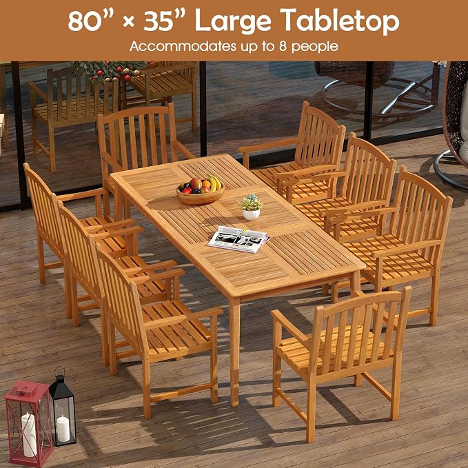 RELAX4LIFE Wooden Outdoor Dining Table for 8, 80" Rectangular Acacia Wood Slatted Patio Table w/Umbrella Hole, Indoor Outdoor Bistro Table for Backyard Porch Garden Deck, 8-Person Patio Dining Table
