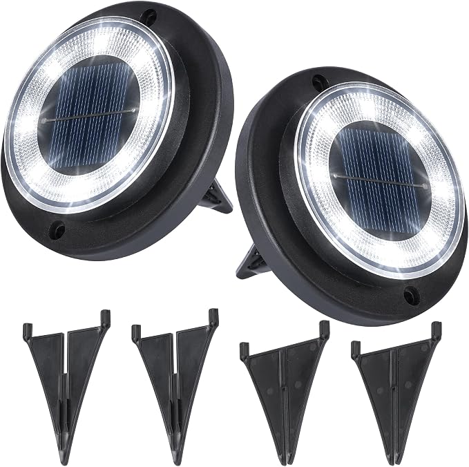 Flacchi Solar Lights Outdoor Waterproof - 2-in-1 Solar Powered Ground Lights Outdoor Solar Disk Light Landscape Light for Deck Step Patio Yard Pathway Walkway Driveway Garden (Cool White, 2 Pack)