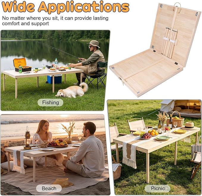 60'' Folding Wooden Picnic Table, Adjustable Height Portable Picnic Table for Outdoor Camping, Beach, Patio, Backyard, Solid Wood Boho Low Picnic Tables with Detachable Legs and Table Runner