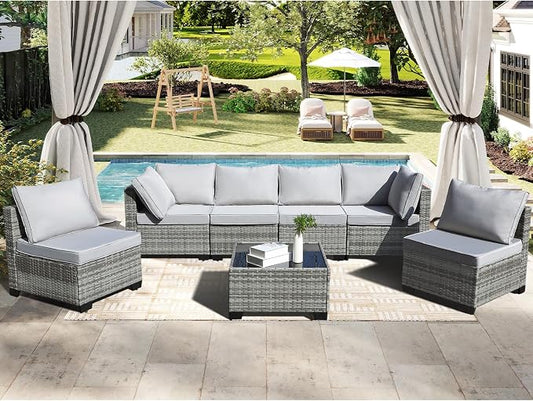 CANMOV 7 Pieces Patio Furniture Sets, All Weather Outdoor Patio Conversation Set, PE Wicker Rattan Sectional Sofa Couch Glass Coffee Table Washable Cushions for Backyard Garden, Poolside, Light Grey