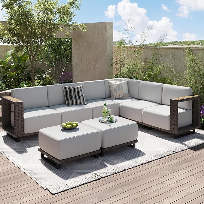 Aoxun Patio Furniture Set, 8 Piece Outdoor Wicker Sectional Sofa Set, All-Weather Rattan with 10'' Ultra-Thick Cushions, Outdoor Conversation Set for Backyard, Poolside and Garden, Brown/Light Gray