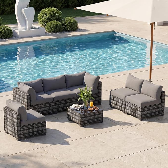 Patio Furniture Set 7 Pieces Conversation Set Wicker Outdoor Sectional Sofa,Ergonomic Armrests Couch with Cushion and Glass Table (Light Grey-Light Grey, 7 Piece-Single)