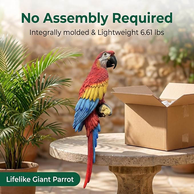 37.8" Hanging Scarlet Macaw Parrot Statue | Outdoor Resin Bird Decor, Weatherproof Solid Resin with Vibrant Hand-Painted Feathers