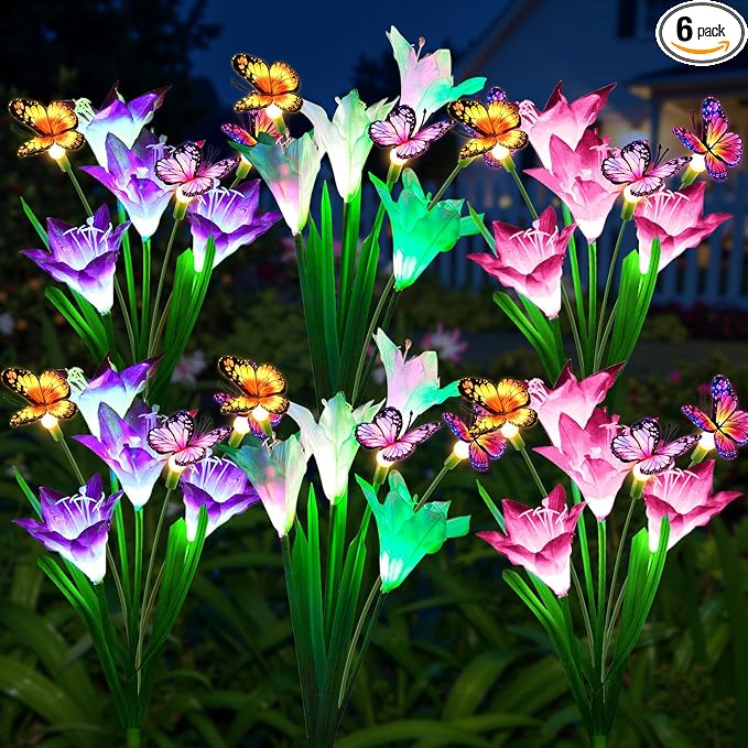 KOOPER Solar Lights Outdoor Garden Decor 6 Pack, 24 Lily Flowers and 18 Swaying Butterflies, IP65 Waterproof 7 Color Changing Solar Flower Lights for Yard Patio Pathway, Gifts for Mom Women Grandma