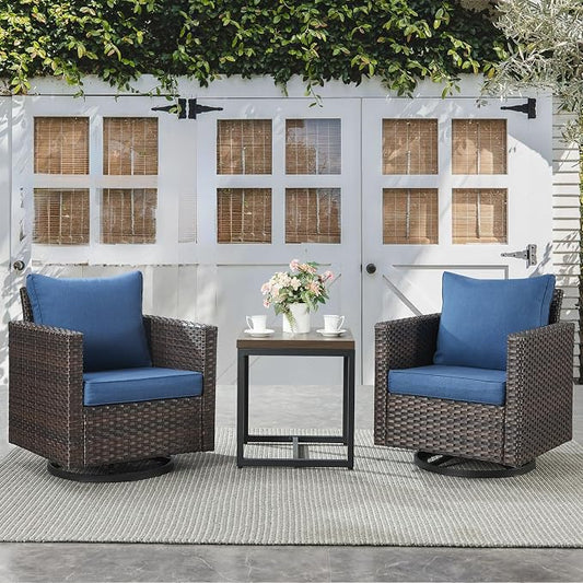Belord Outdoor Bistro Set 3 Piece Wicker Swivel Rocker Patio Chairs, Oversize Outdoor Rattan Seating Set, Patio Swivel Glider Chairs Wicker Furniture with Metal Side Table for Porch Backyard, Brown