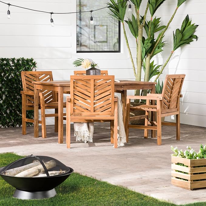 Walker Edison 4 Person Outdoor Wood Chevron Patio Furniture Dining Set Table Chairs All Weather Backyard Conversation Garden Poolside Balcony, 5 Piece, Brown