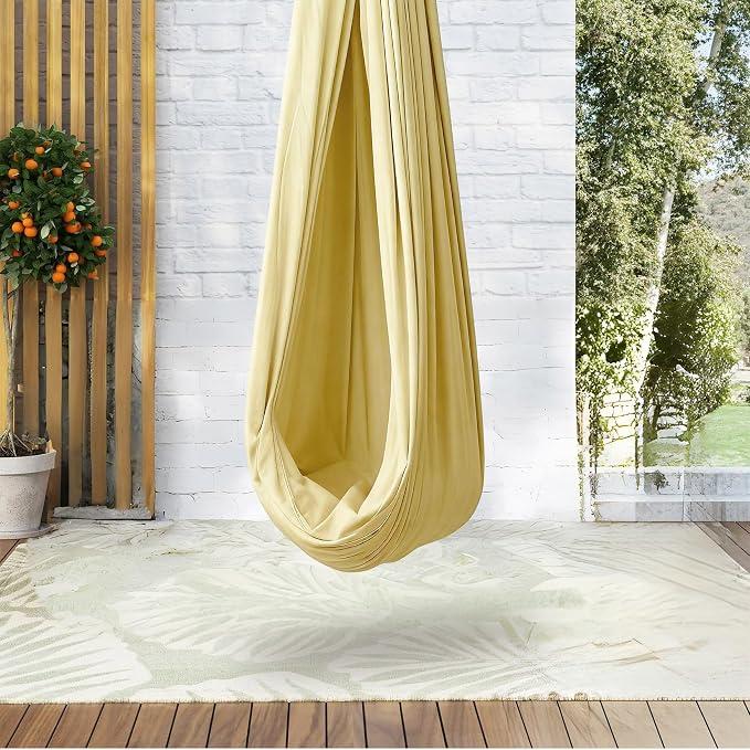 PrecisionAuto Dual-Layer Cotton Sensory Hammock Swing for Kids & Adults – Calming Compression Therapy, 360° Swivel, Heavy Duty, Indoor Outdoor, Supports 300 lbs, Autism Yoga, Light Yellow