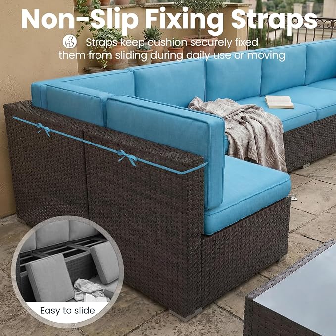 8 Pieces Patio Furniture Set with 44" Propane Gas Fire Pit Table, Outdoor Sectional Wicker Conversation Sofa Sets with Coffee Table